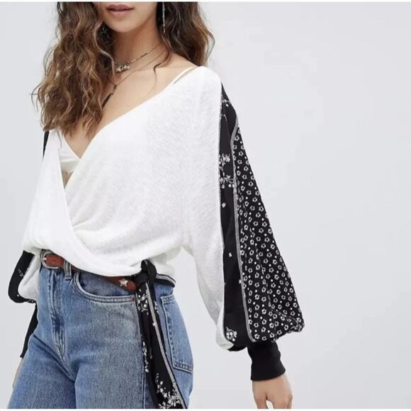 Free People Tops - Free People Auxton Waffle Thermal Wrap Top Black White Oversized Boho Size XS